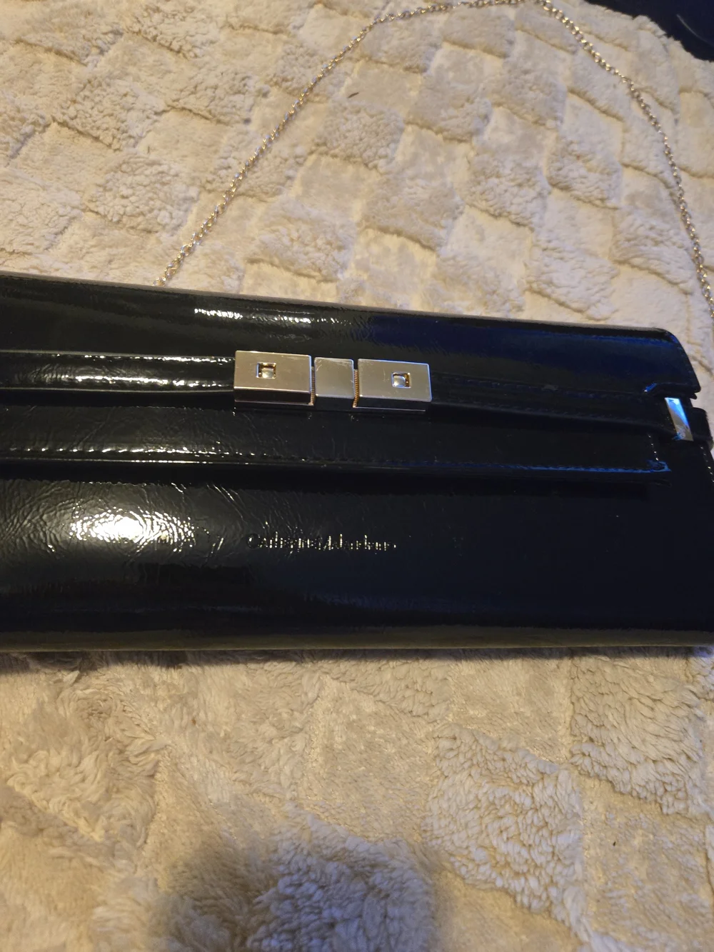 Black Patent Leather Chain Wristlet Clutch with Gold Hardware